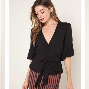 Woven Black Wrap Blouse fall short sleeve top